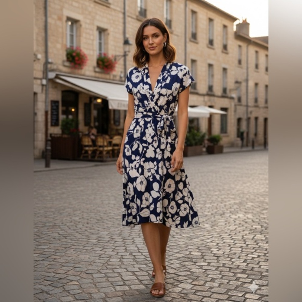 NWT Liz Claiborne Women’s Small Navy Floral Short Sleeve Jersey A-Line Dress S